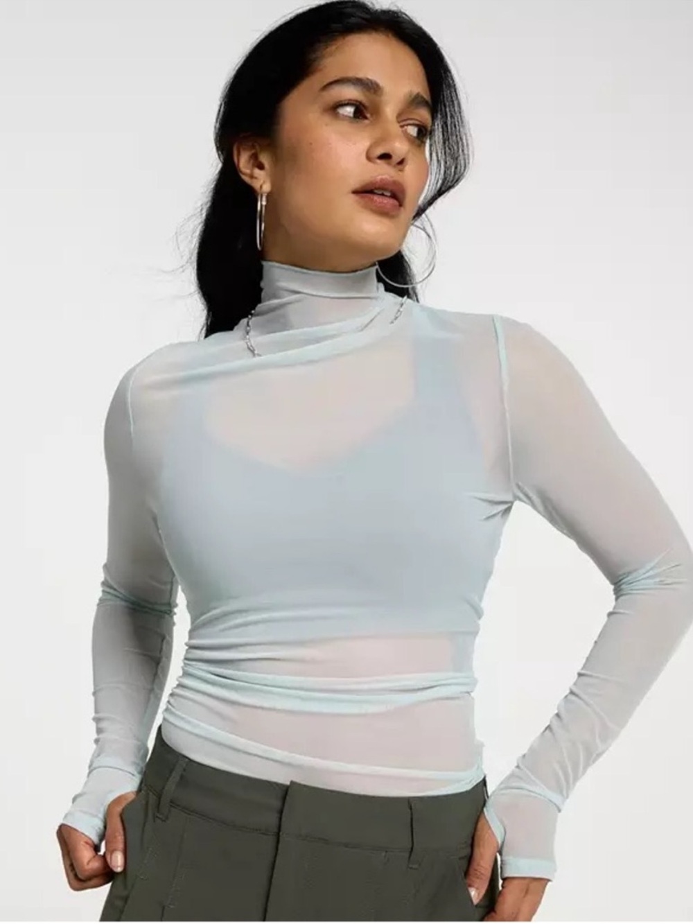 NWT CALIA Draped Funnel Long Sleeve Mesh Long Sleeve - Smoked Turquoise Medium